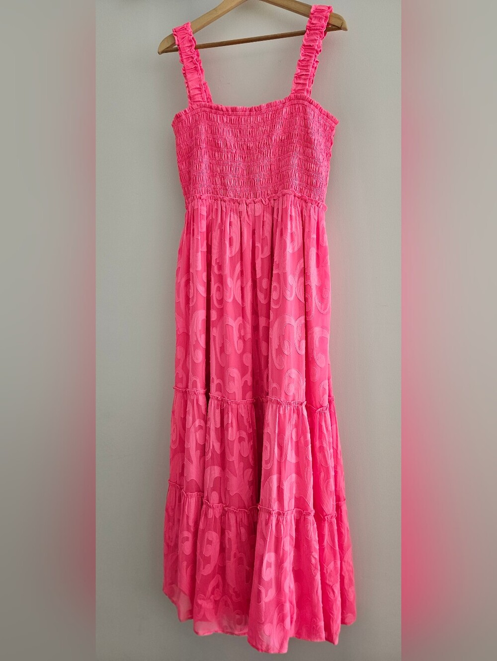 Lilly Pulitzer Hadly Smocked Maxi Dress In Roxie Pink Poly Crepe Swirl Clip XL